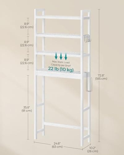 SONGMICS Cloud White 4-Tier Over Toilet Organizer 10.2x24.8x72.8 Inches
