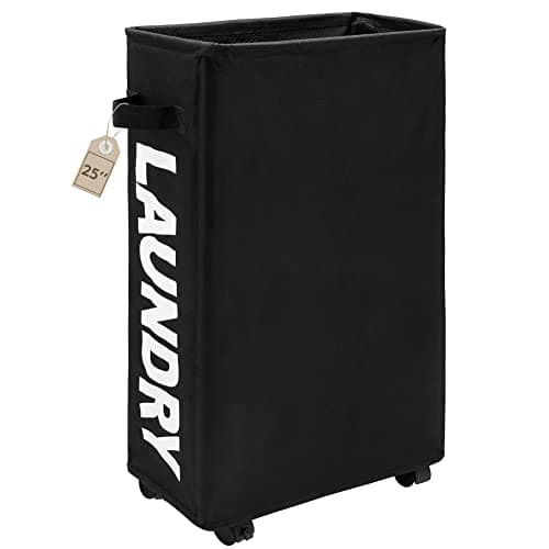 TOTANKI 25" Rolling Laundry Basket, Foldable with Handle (Black)