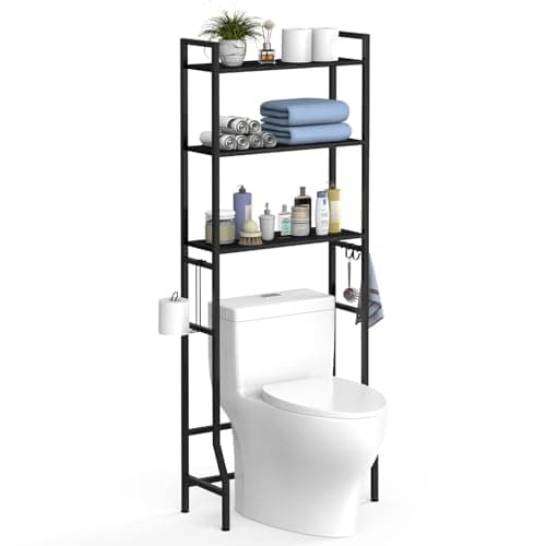 CADUKE 3-Tier Over the Toilet Organizer, Black Storage Shelf with Hooks & Paper Holder