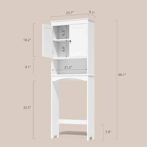 Gizoon White Wooden Toilet Storage Cabinet with Adjustable Shelf and Double Doors