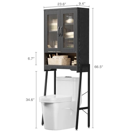 Black Tall Freestanding Toilet Cabinet with Glass Doors & Adjustable Shelf