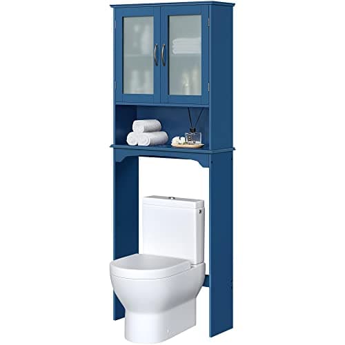 Yaheetech Tall Freestanding Toilet Storage Cabinet with Double Tempered Glass Doors