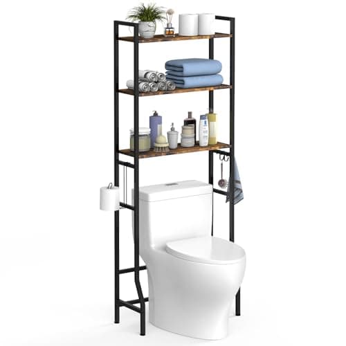 CADUKE 3-Tier Over the Toilet Organizer, Black Storage Shelf with Hooks & Paper Holder