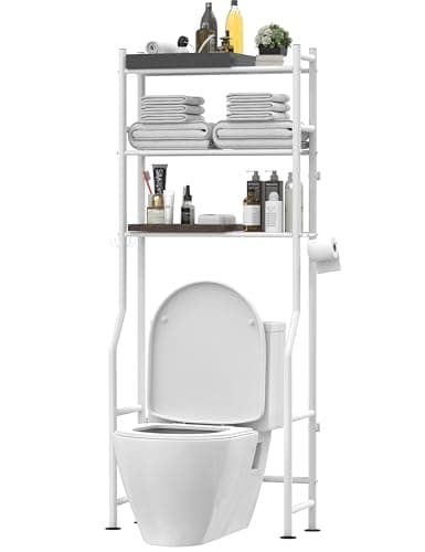 Black 3-Tier Over-the-Toilet Storage Shelves with Hooks and Paper Holder