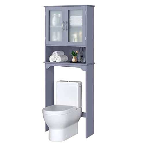 Yaheetech Tall Freestanding Toilet Storage Cabinet with Double Tempered Glass Doors