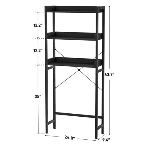 Freestanding Over-The-Toilet Storage Rack, 3-Tier Bathroom Organizer Shelf with Hooks - Black