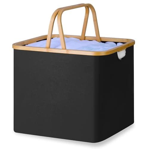 Black Laundry Hamper with Bamboo Handle, Collapsible 60L Basket for College Dorm and Family