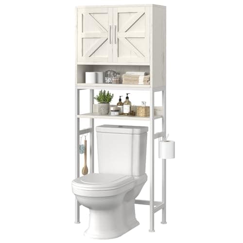 Narrow Farmhouse Toilet Cabinet with Doors 71" Tall Distressed White