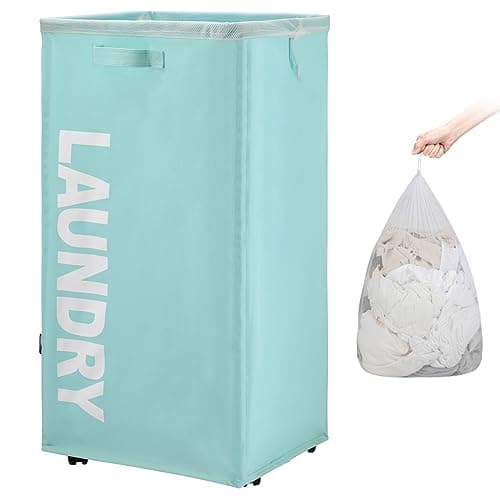 TOTANKI 25" Rolling Laundry Basket, Foldable with Handle (Black)
