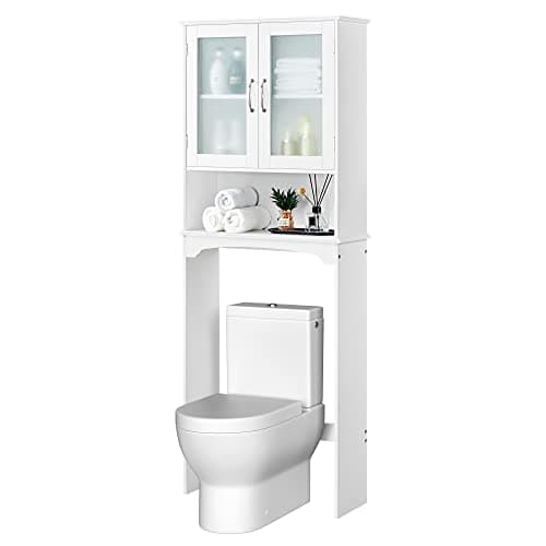 Yaheetech Tall Freestanding Toilet Storage Cabinet with Double Tempered Glass Doors