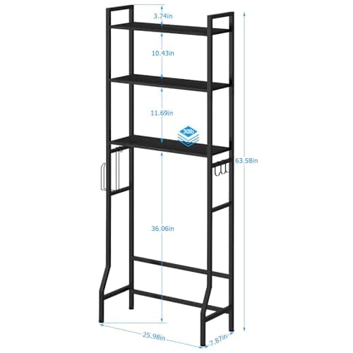 CADUKE 3-Tier Over the Toilet Organizer, Black Storage Shelf with Hooks & Paper Holder