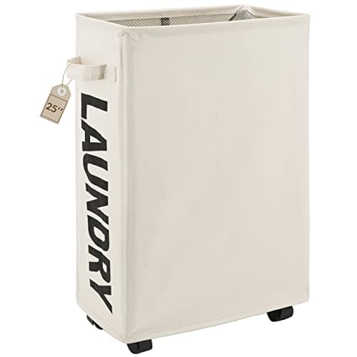 TOTANKI 25" Rolling Laundry Basket, Foldable with Handle (Black)