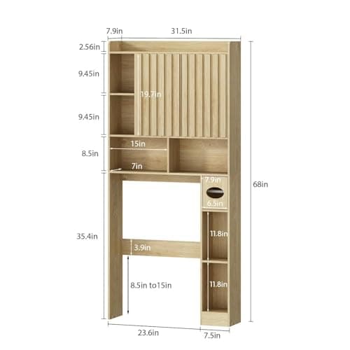 RUSTOWN Large Over-Toilet Storage Cabinet, Fluted Doors, Adjustable Shelf & Paper Holder, Natural Wood
