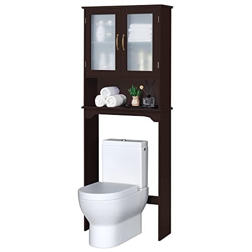 Yaheetech Tall Freestanding Toilet Storage Cabinet with Double Tempered Glass Doors