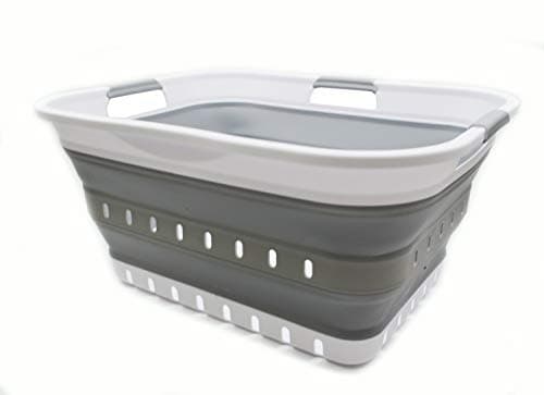 Collapsible 42L Plastic Laundry Basket - Space Saving Storage for Laundry - White/Grey (1, Adult)