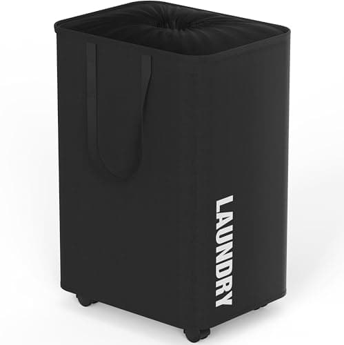 Black 82L Laundry Basket with Wheels and Drawstring Closure