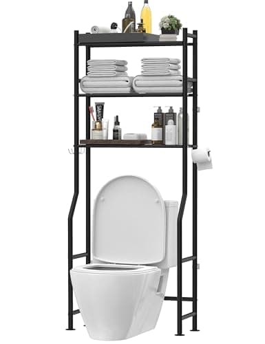 Black 3-Tier Over-the-Toilet Storage Shelves with Hooks and Paper Holder