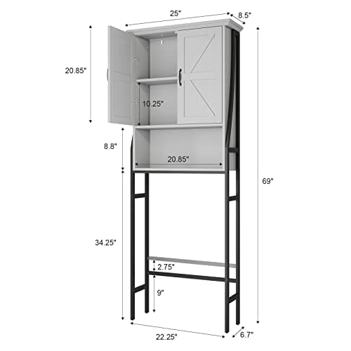 Gray Over the Toilet Organizer with Barn Doors and Storage Cabinet