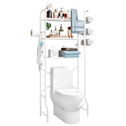 White Metal 3 Tier Bathroom Organizer Shelf with Paper Holder Easy to Install Space Saving
