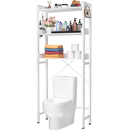 Freestanding Over-The-Toilet Storage Rack, 3-Tier Bathroom Organizer Shelf with Hooks - Black