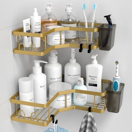 Stainless Steel Adhesive Corner Shower Caddy, 2 Pack, Hooks & Toothpaste Holder