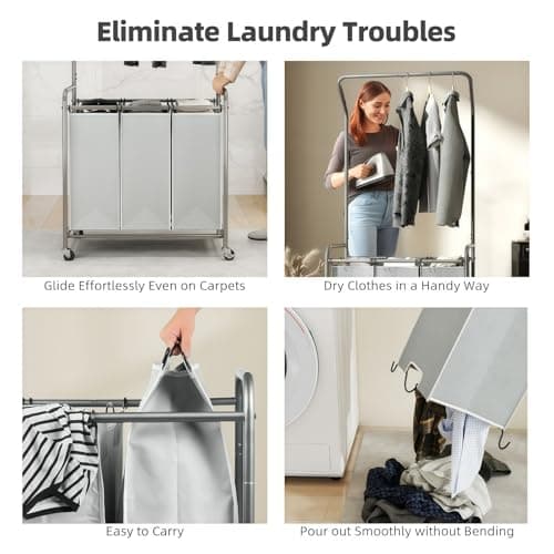 ROMOON 3-Section Laundry Hamper with Hanging Rack & Lockable Wheels - Upgraded 2025