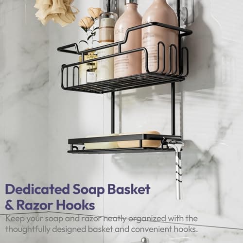 SWTYMIKI 3-Tier Over Shower Head Organizer - Black, 16 Hooks, Anti-Swing, Rustproof