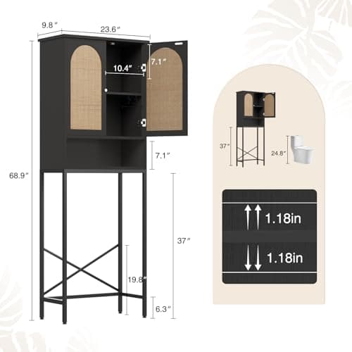 Rattan Toilet Storage Cabinet with Metal Stand, Adjustable Shelf, Freestanding Washer Shelf, Space Saver, Natural Style - Black