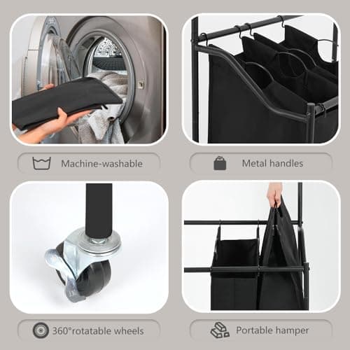 Black LUCKUP 4-Section Laundry Sorter with Hanging Bar