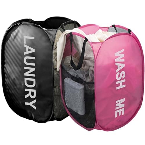 Larpur Pop Up Laundry Baskets, 2 Pack Mesh Hampers (Black + Gray)