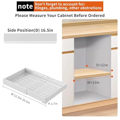Expandable Pull-Out Cabinet Organizer, 12.6"-20.5" Deep, White Kitchen Pantry & Bathroom Storage