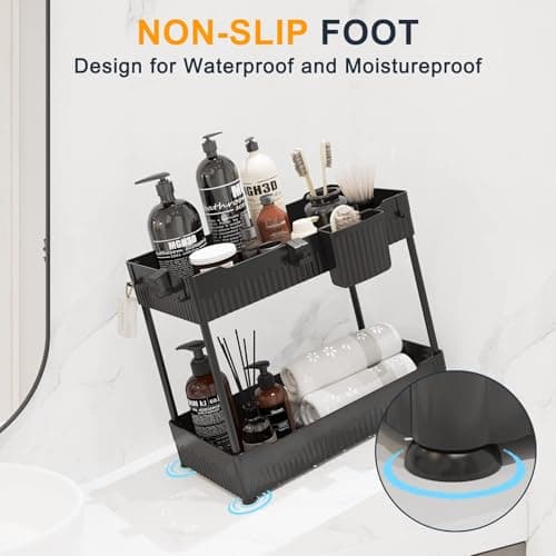 2 Pack Under Sink Organizer, Black: Hooks & Cups for Multi-Purpose Storage
