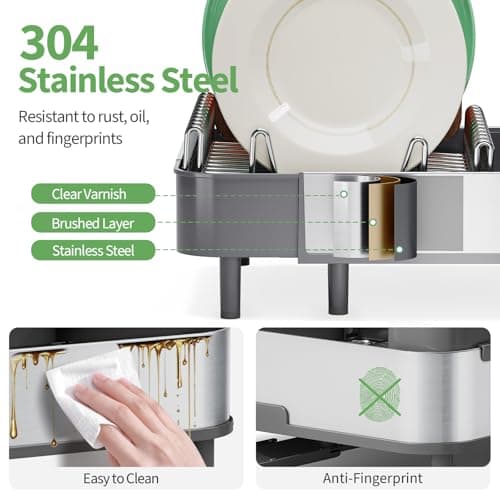 Expandable 304 Stainless Steel Dish Drying Rack, Foldable with Cutlery Holder, Gray Kitchen Rack