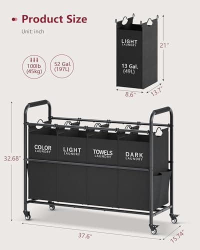 Tajsoon 4 Bag Laundry Sorter Cart, Black