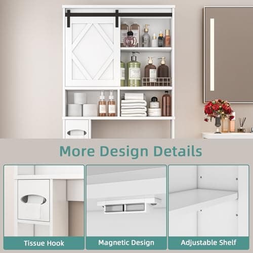 White Farmhouse Sliding Door Toilet Cabinet with Storage & Organizer