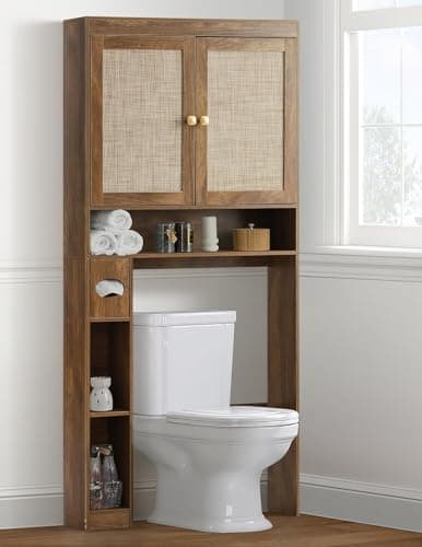 Rustic Brown Over Toilet Organizer with Double Doors & Adjustable Shelf