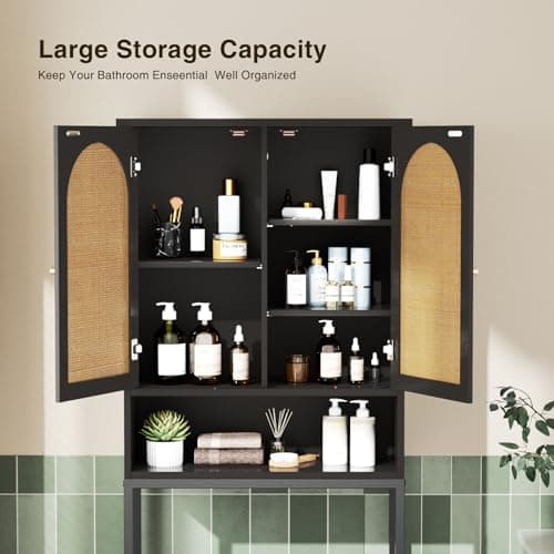 Rattan Toilet Storage Cabinet with Metal Stand, Adjustable Shelf, Freestanding Washer Shelf, Space Saver, Natural Style - Black