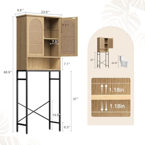 Tall Rattan Toilet Storage Cabinet with Metal Stand, Bathroom Organizer