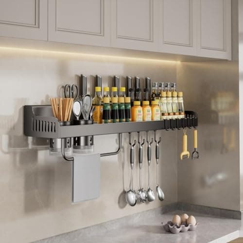 HGH365 Black Stainless Steel Wall Mount Spice Rack with Hooks, 23.7in Seasoning Jar Organizer