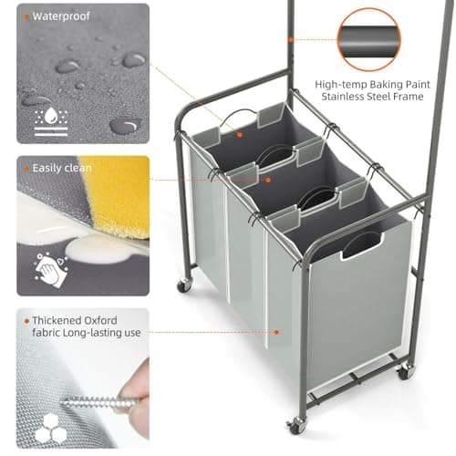 ROMOON 3-Section Laundry Hamper with Hanging Rack & Lockable Wheels - Upgraded 2025