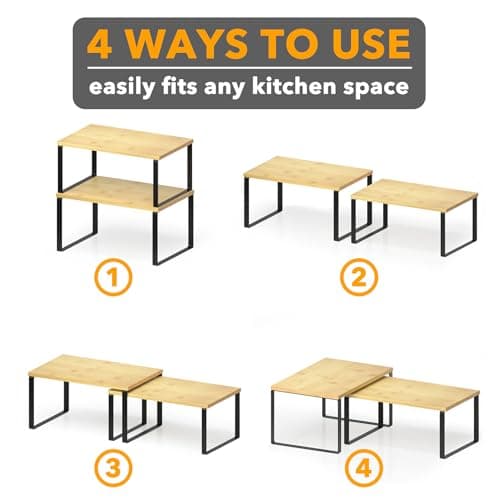 SpaceAid 2 Pack Kitchen Counter Shelf Organizers, Stackable Spice Racks (Black and Natural, Short)