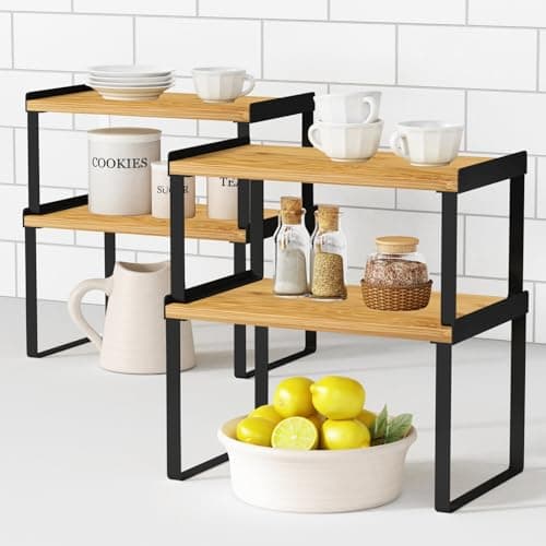 Bamboo & Black Expandable Kitchen Cabinet Organizer Set of 4 Shelves