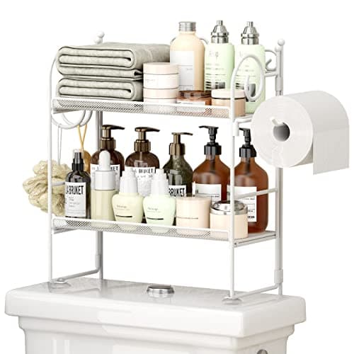 2 Tier Black Over Toilet Storage Organizer Shelf with Hooks and Paper Holder