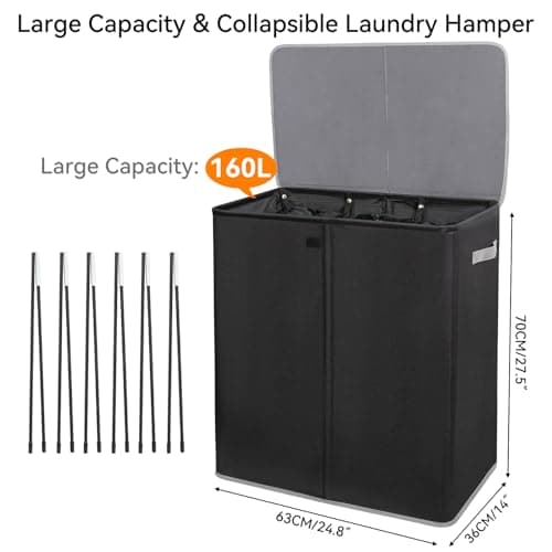 WOWLIVE 160L 3-Section Laundry Hamper with Lid & Removable Bags, Collapsible Black