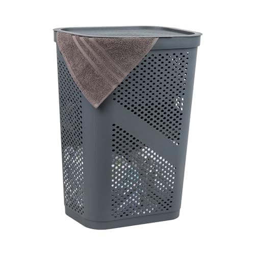 60L Slim Laundry Hamper with Lid, Ventilated Gray Plastic