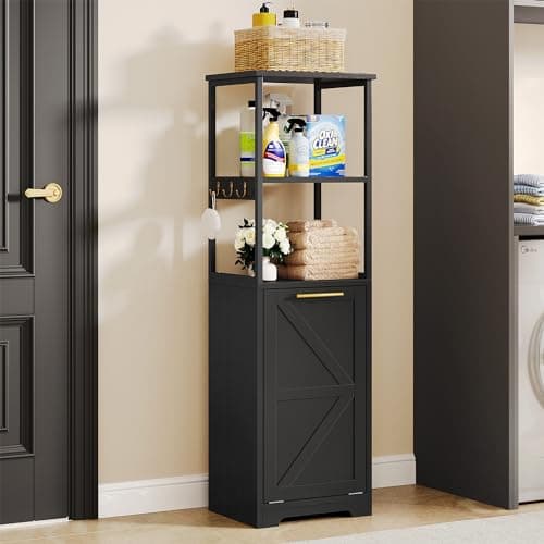Black 53" Tall DWVO Tilt Out Laundry Hamper with Storage Shelves for Bathroom, Bedroom, and Laundry Room