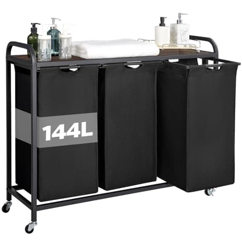 3-Section Rolling Laundry Hamper, B-BLACK, 144L Capacity