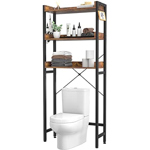 Freestanding Over-The-Toilet Storage Rack, 3-Tier Bathroom Organizer Shelf with Hooks - Black