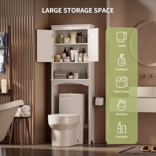 Gizoon White Wooden Toilet Storage Cabinet with Adjustable Shelf and Double Doors