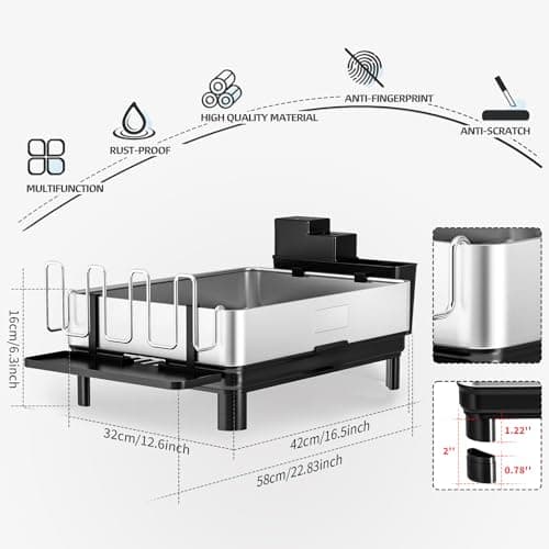 304 Stainless Steel Dish Drying Rack, Black, Kitchen Organizer with Drainage & Utensil Holder